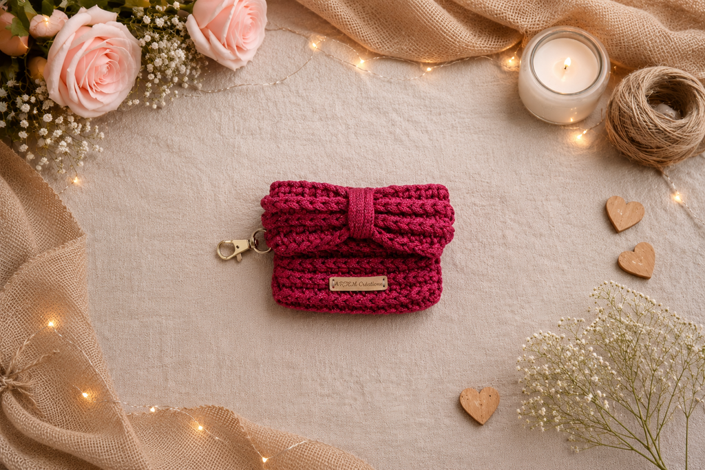 Ruby porte-monnaie noeud éclat framboise crochet fait main ArtemCréations