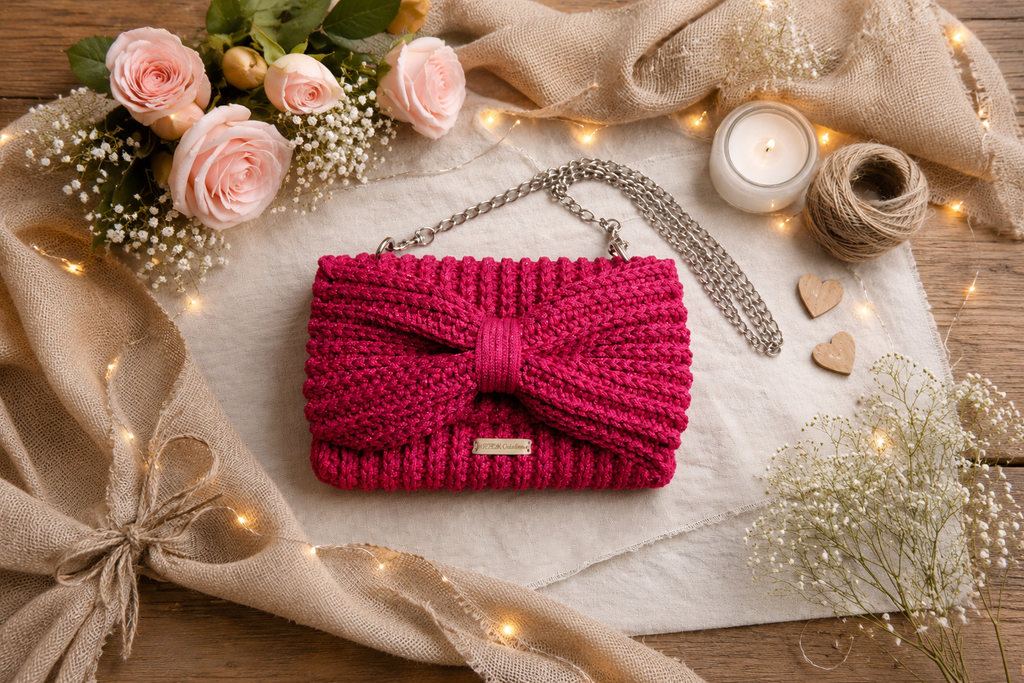 Rosabella pochette noeud framboise scintillant crochet fait main ArtemCréations