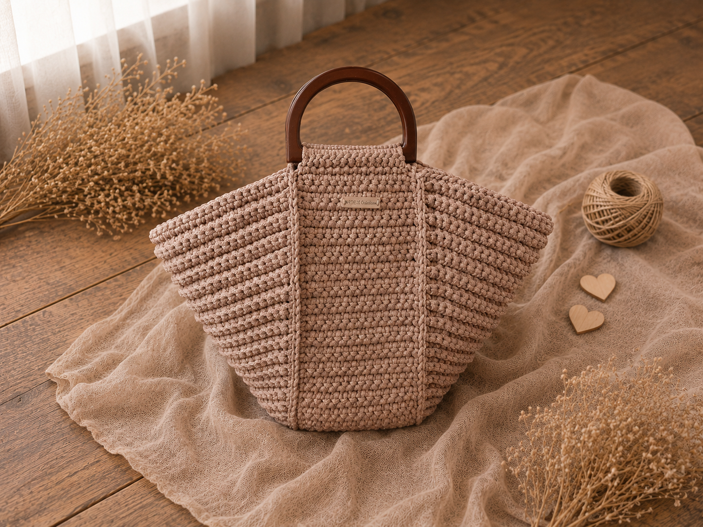 Sabléa sac cabas beige biscuit anses demi cercles marrons crochet fait main ArtemCréations